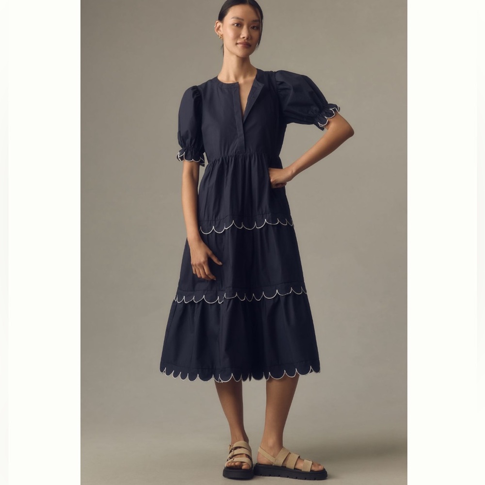 English Factory Navy Midi Dress with White Scalloped Edges